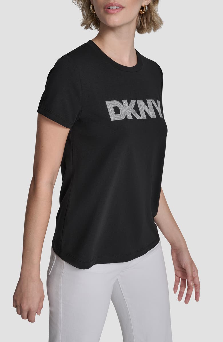 DKNY Metallic Embroidered Cotton T-Shirt, Alternate, color, Black
