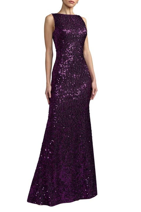 Women's Sequin Sleeveless Evening Gown with Draped Back