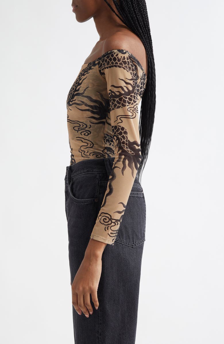 L'AGENCE Peonie Off the Shoulder Bodysuit, Alternate, color, Beige/ Black Dragon Tattoo