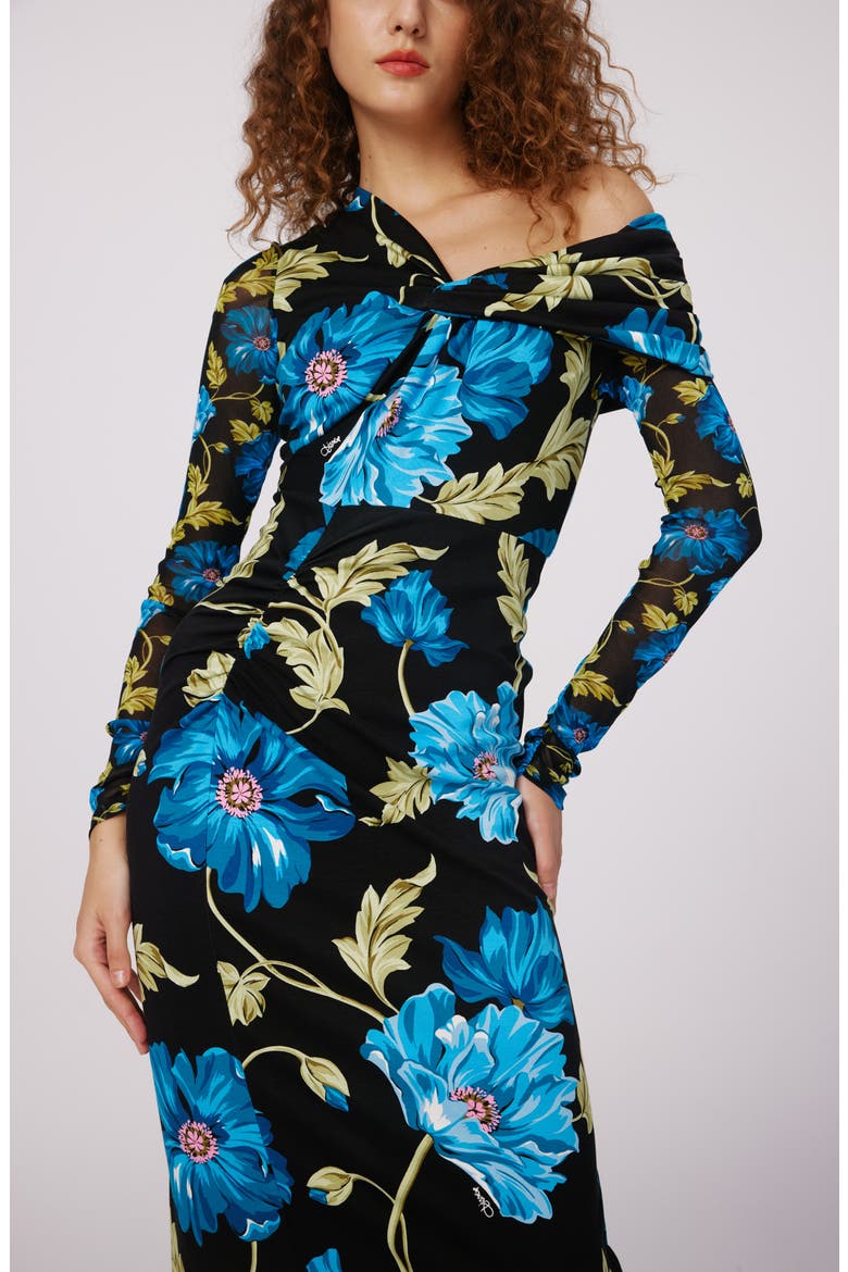 Rich Floral Asymmetric Neck Long Sleeve Midi Dress, Alternate, color, HENDRIX FLORAL DARK TEAL LG/SM