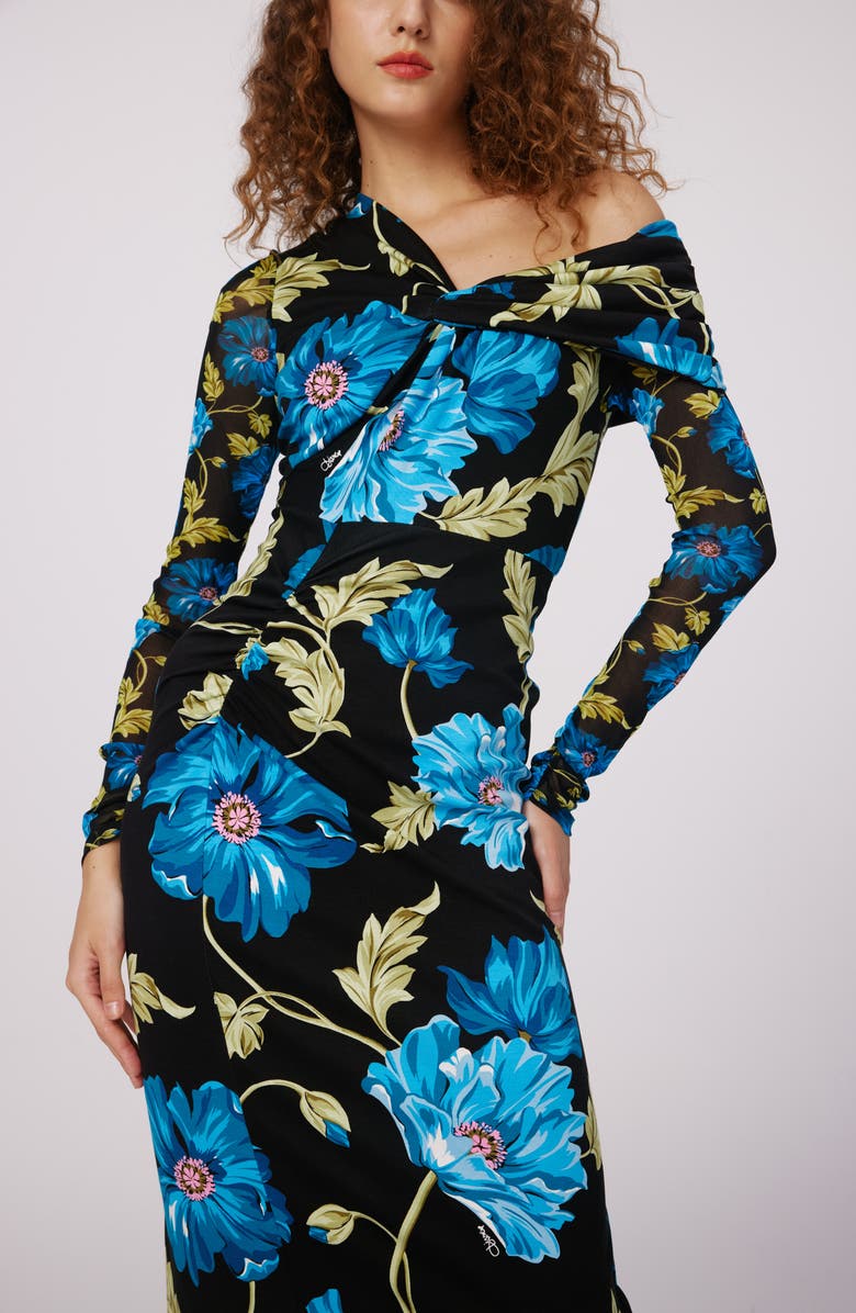 DVF Rich Floral Asymmetric Neck Long Sleeve Midi Dress, Alternate, color, 