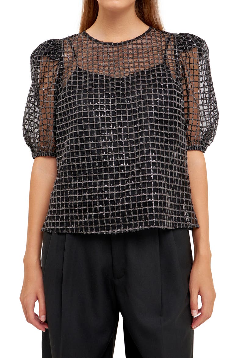 Sequin Grid Mesh Top, Alternate, color, BLACK
