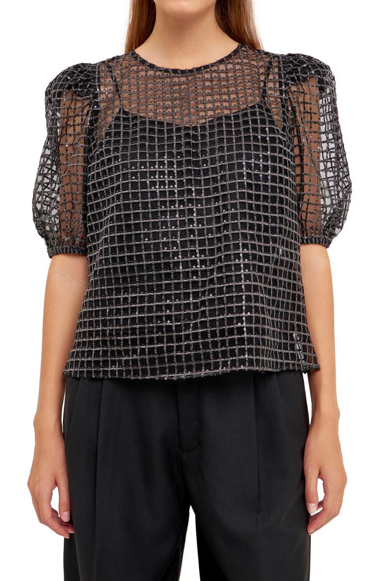Endless Rose Sequin Grid Mesh Top, Alternate, color, Black