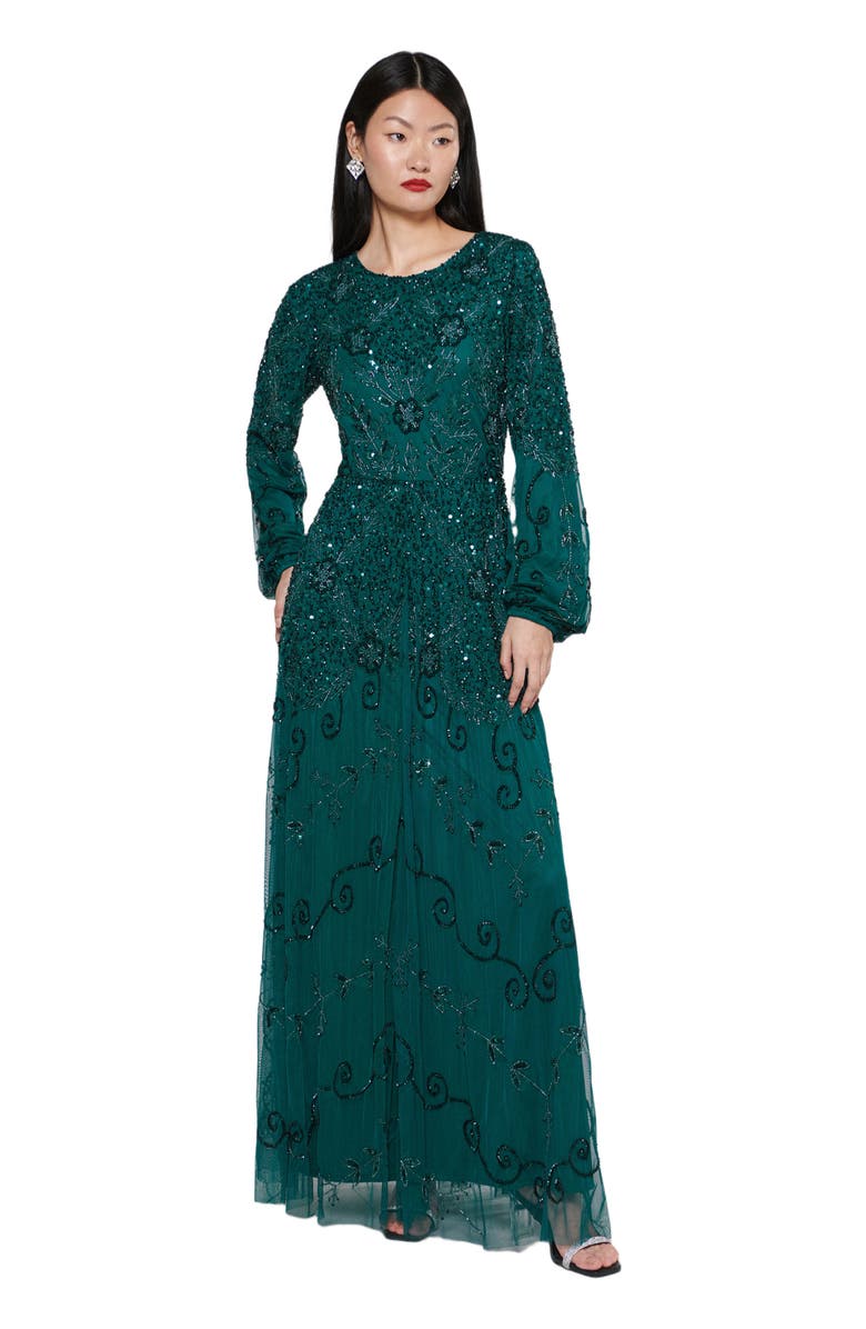MARYISA Occasion Modest Embellished Sequin Beaded Crew Neck Evening Dress, Alternate, color, 
