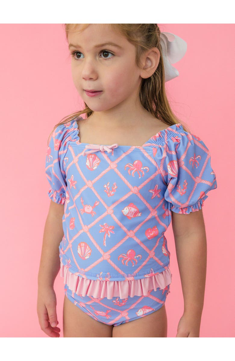 RuffleButts UPF50+ Puff Sleeve Ruffle Tankini 2-Piece Swimsuit, Alternate, color, Tropical Trellis