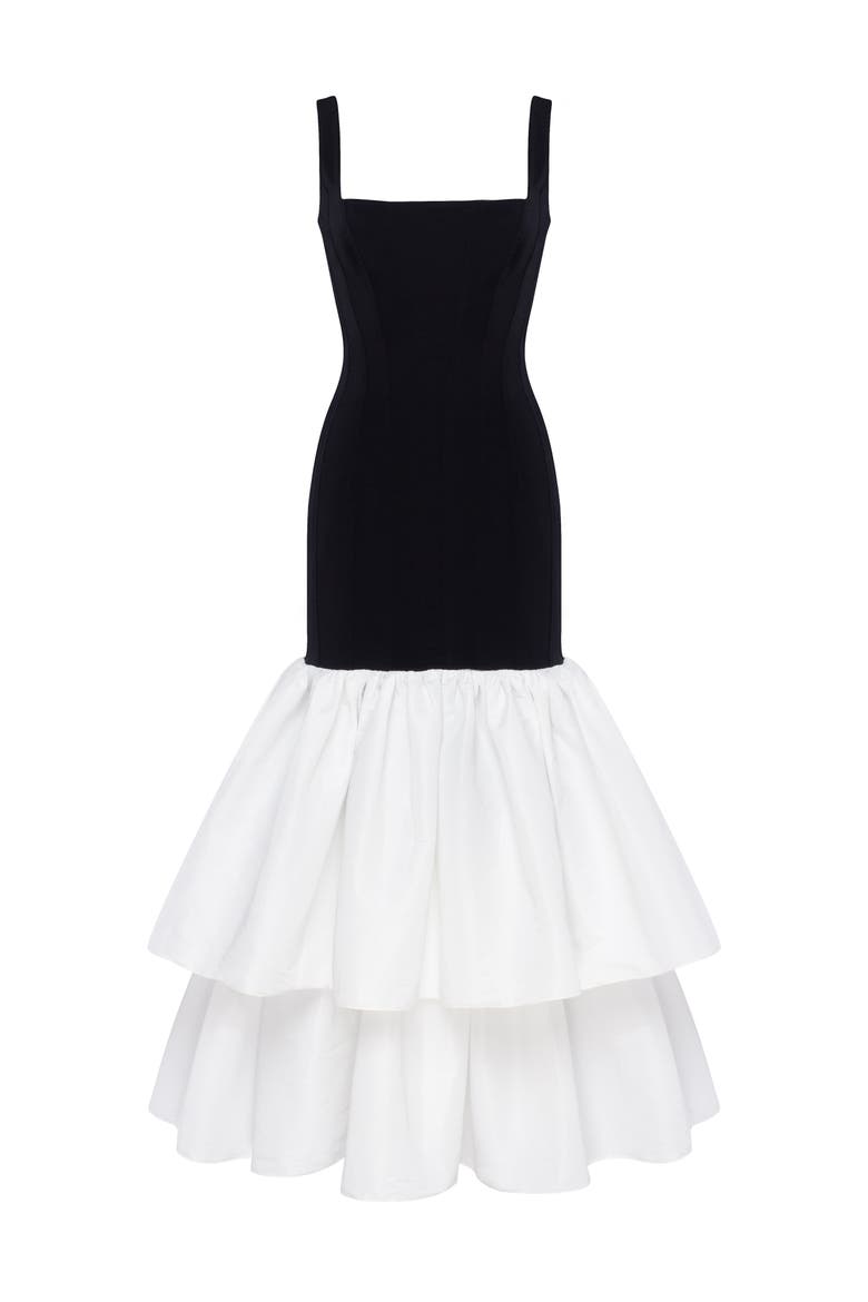 Fitted Formal Occasion Maxi Dress with Tiered Puffy Skirt, Alternate, color, Black&White