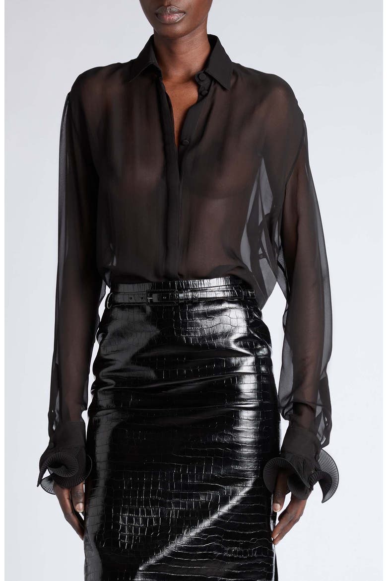 Silk Chiffon Button Front Shirt, Main, color, BLACK