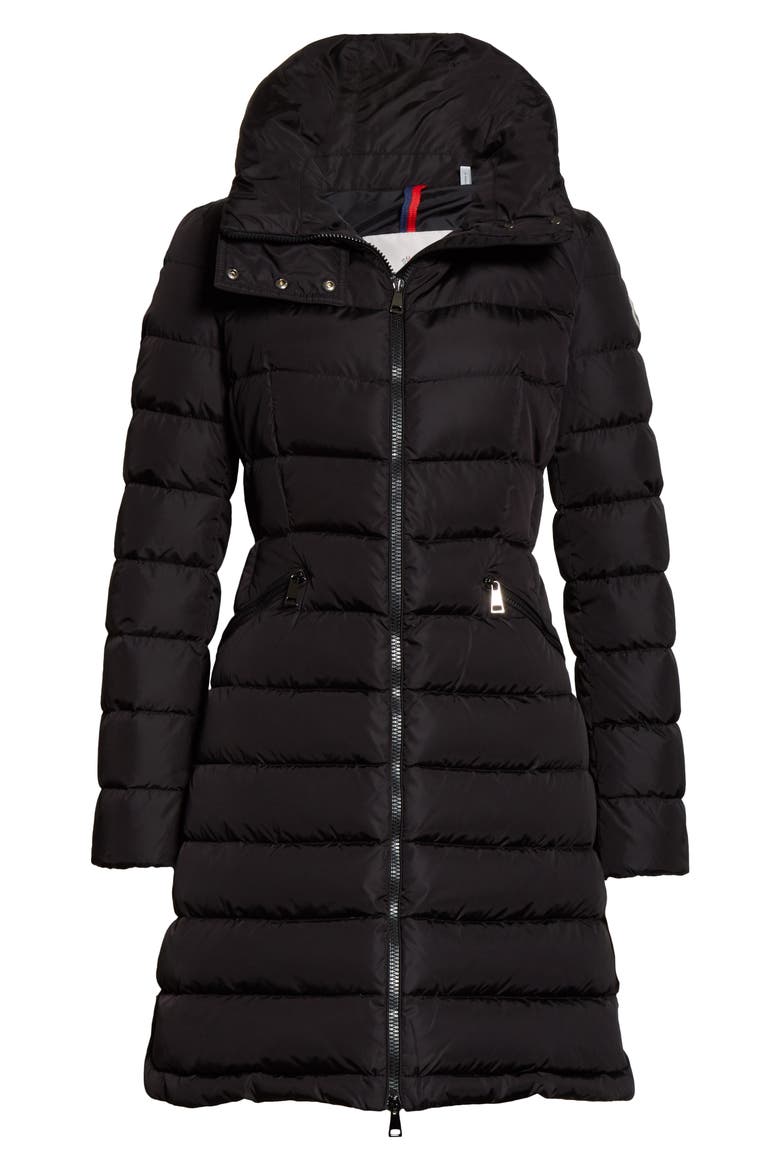 Flammette Water Repellent Long Hooded Down Coat, Alternate, color, BLACK