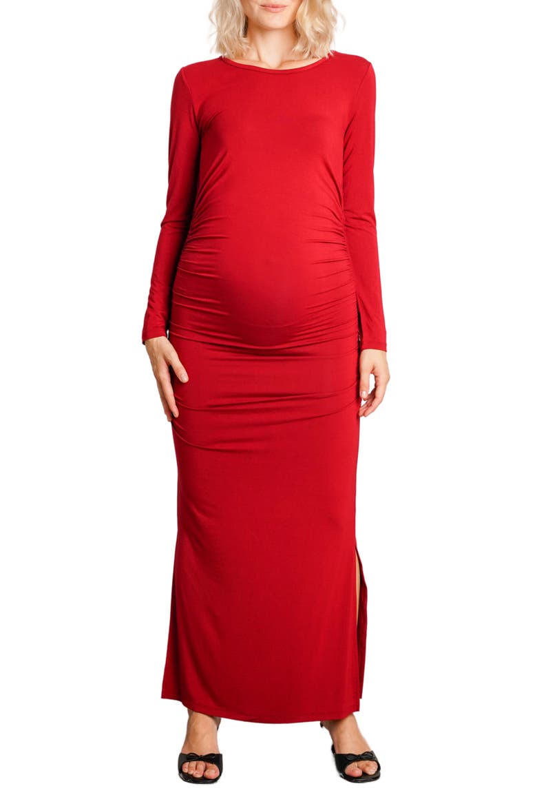 The Curve Ruched Maternity Maxi Dress, Main, color, MERLOT