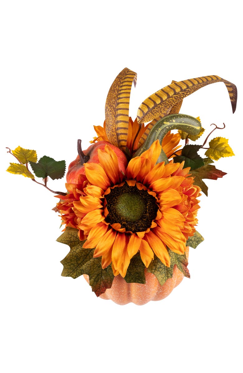 Northlight Sunflower and Gourds in Pumpkin Fall Harvest Pumpkin Flower Arrangement - 14.75", Alternate, color,