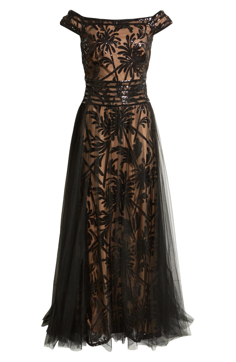 Tadashi Shoji Sequin Illusion Lace Off the Shoulder Cap Sleeve Gown, Alternate, color,