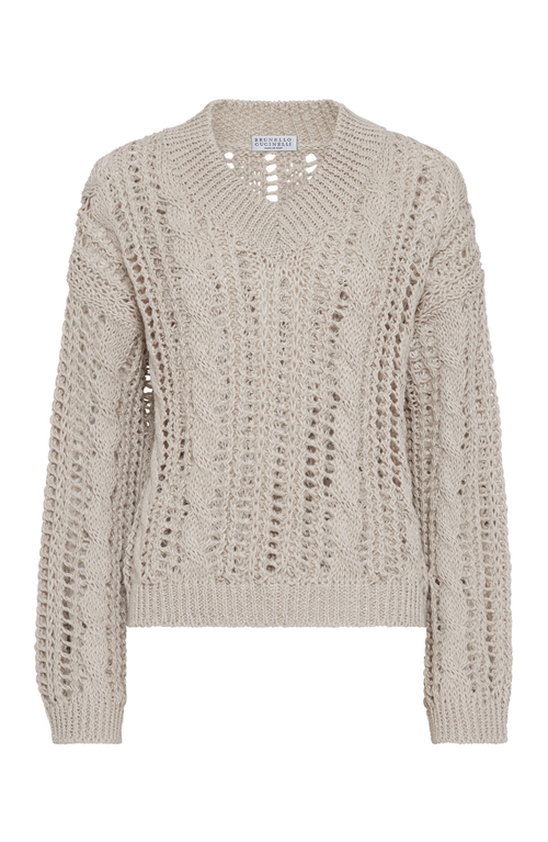 Brunello Cucinelli Cable & Mesh Sweater In Light Grey
