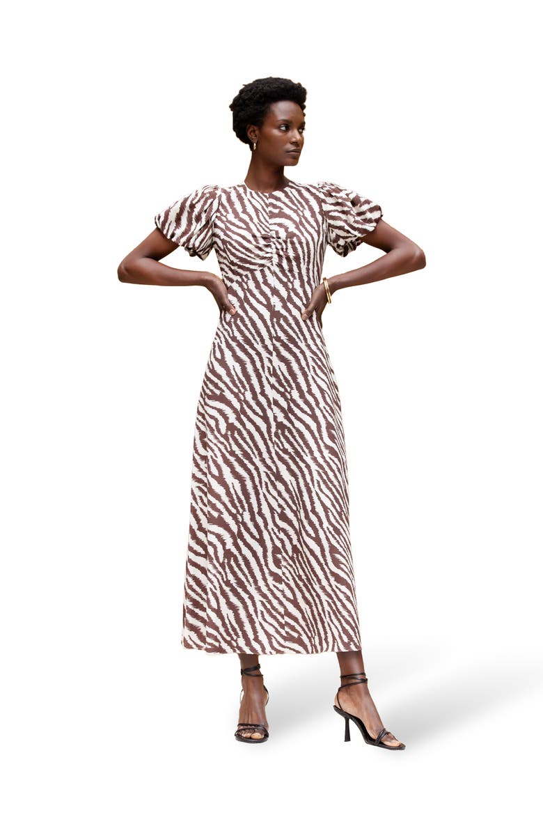 Puff Sleeve Midi Dress, Main, color, Brown