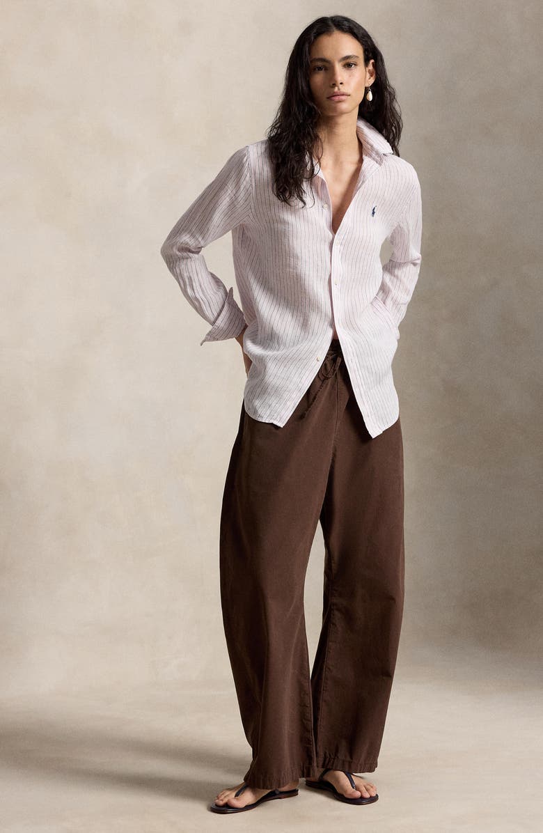 Polo Ralph Lauren Stripe Linen Button-Up Shirt, Alternate, color, Hint Of Pink-White