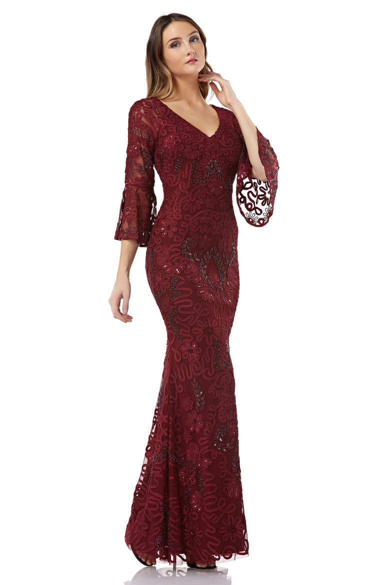 Soutache Embroidered Trumpet Gown, Alternate, color, CABERNET