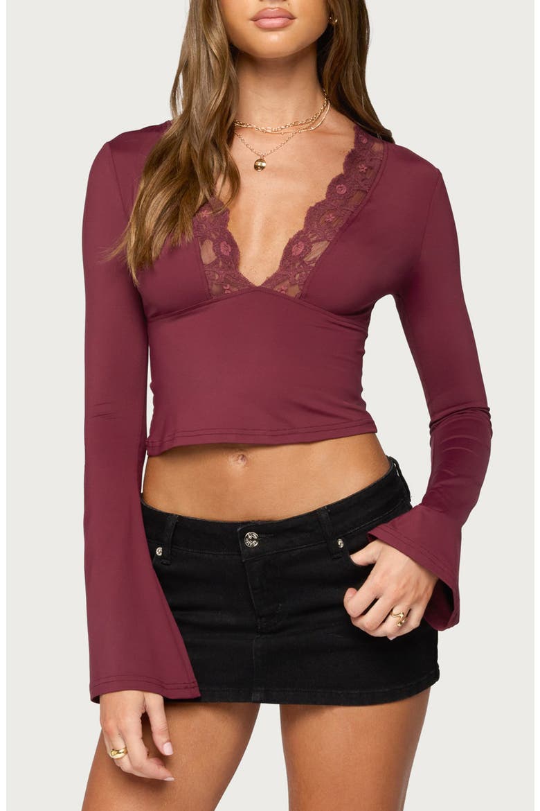 Tina Lace Trim Plunge Neck Top, Main, color, BURGUNDY