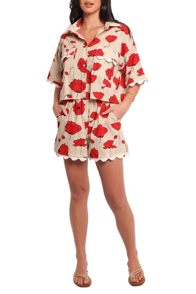 Sallio Floral Rickrack Trim Shirt & Shorts Set, Main, color, RED BEIGE POPPY