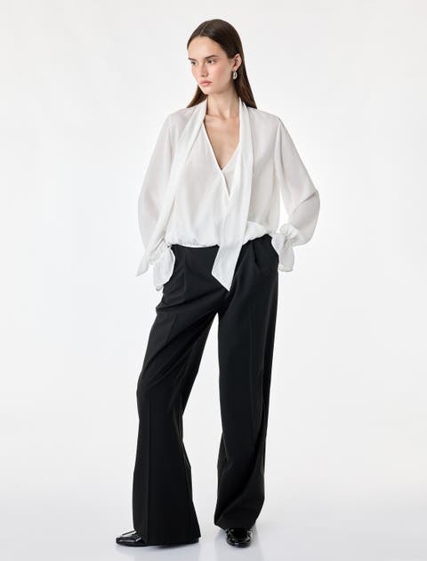 Long Sleeve Oversized Satin Shawl Collar Blouse