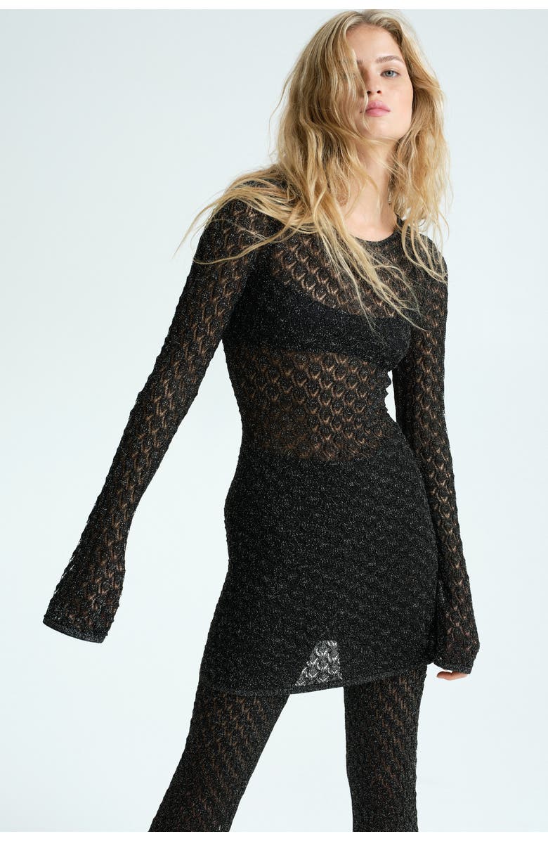 H&M Shimmering Pointelle-knit Top, Alternate, color, Black