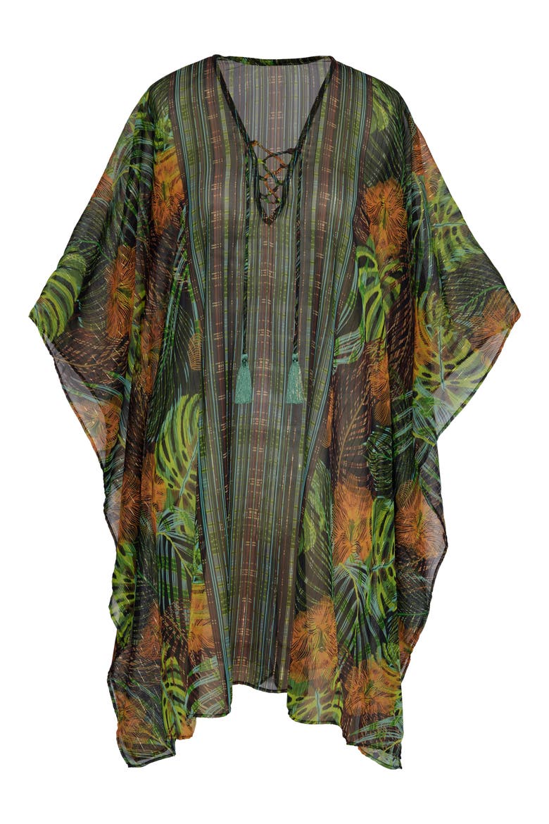 Sunset Islet Metallic Chiffon Cover-Up Caftan, Alternate, color, BLACK/ MULTI