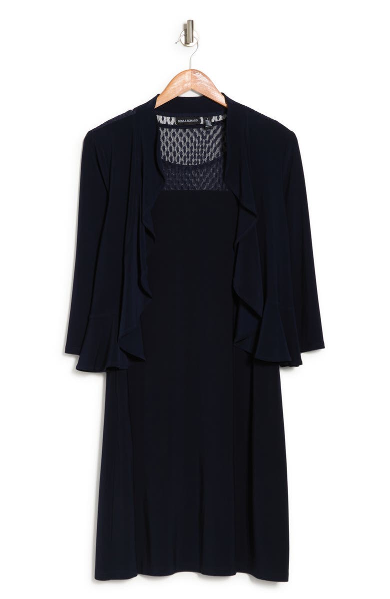 Nina Leonard 2-Piece Ruffle Bolero & Sleeveless Dress, Alternate, color, Navy