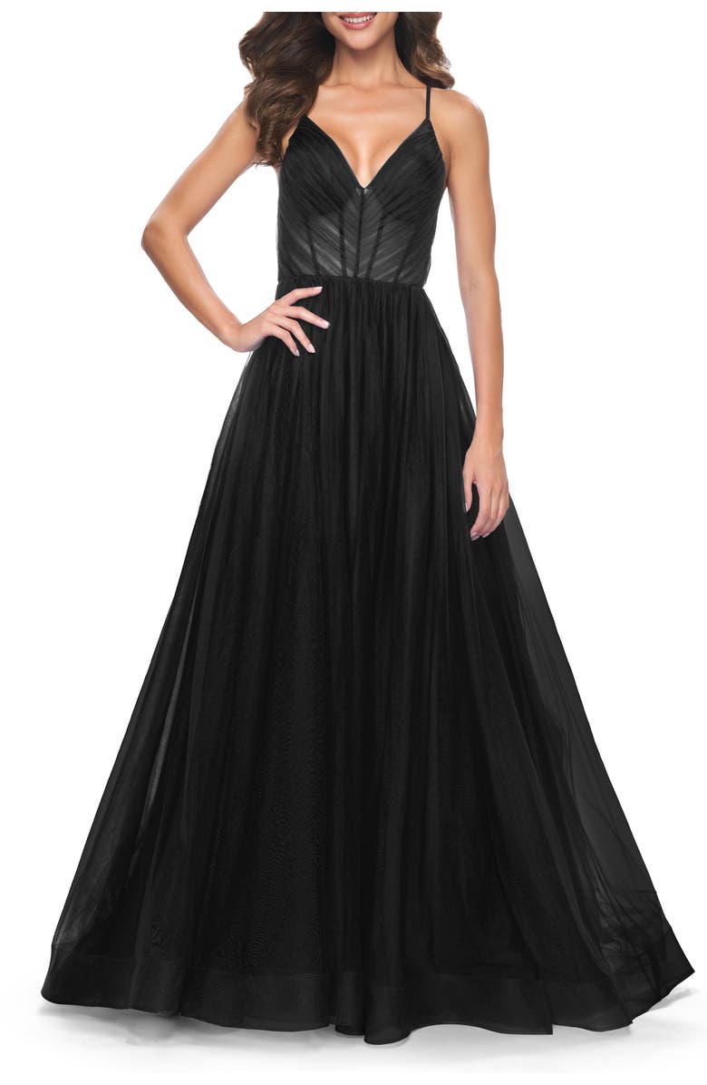 La Femme A-Line Prom Dress with Illusion Ruched Bodice, Main, color, Black
