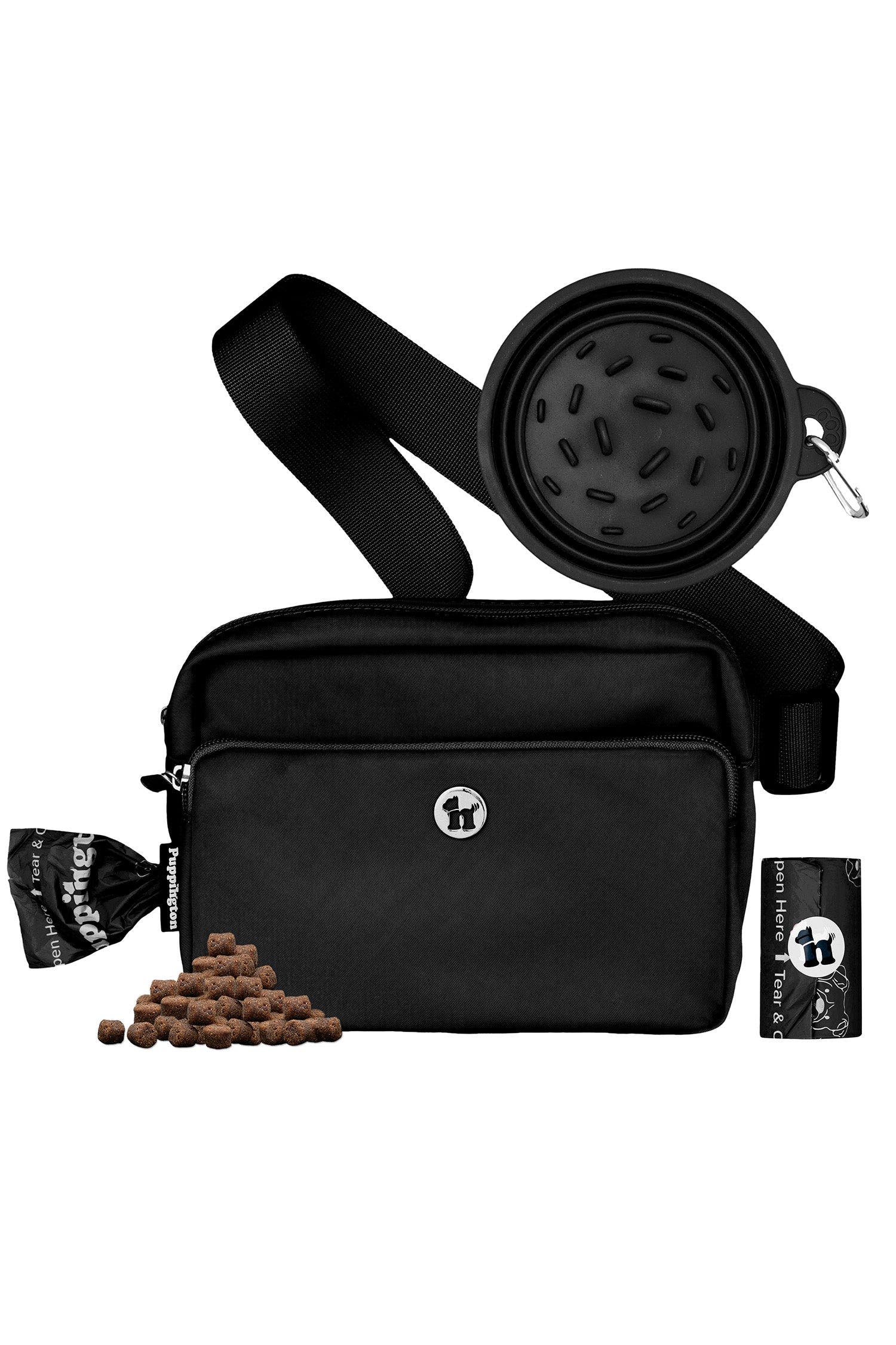 Puppington 3-in-1 Dog Walking Bag with Waste Bags plus Travel Bowl, Main, color, Onyx Black
