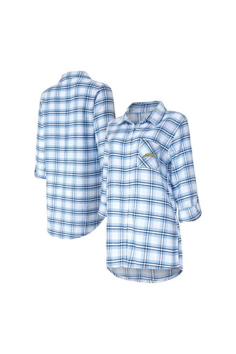 Women's Concepts Sport Powder Blue Los Angeles Chargers Sienna Plaid Full-Button Long Sleeve Nightshirt, Main, color, Powder Blue