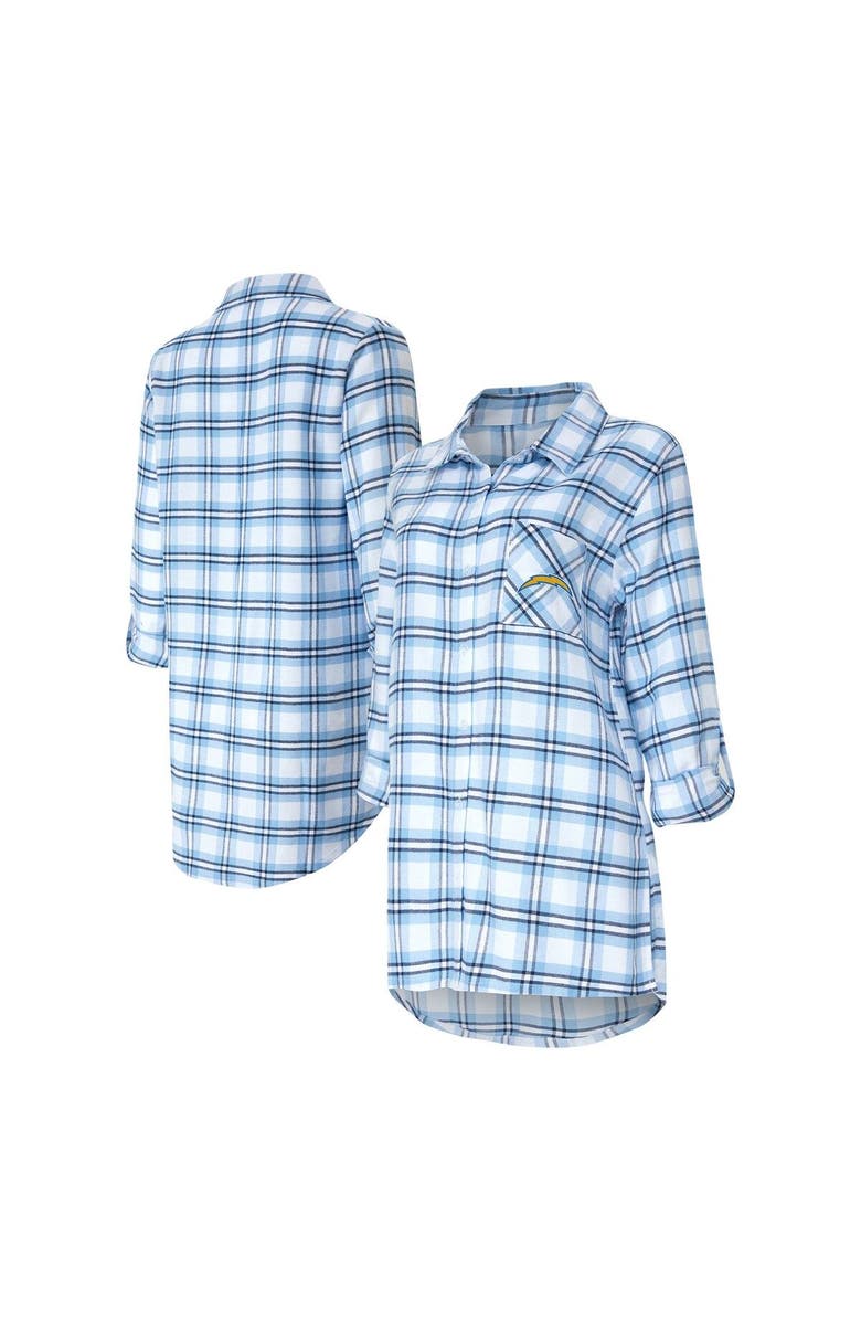 CONCEPTS SPORT Women's Concepts Sport Powder Blue Los Angeles Chargers Sienna Plaid Full-Button Long Sleeve Nightshirt, Main, color, Powder Blue