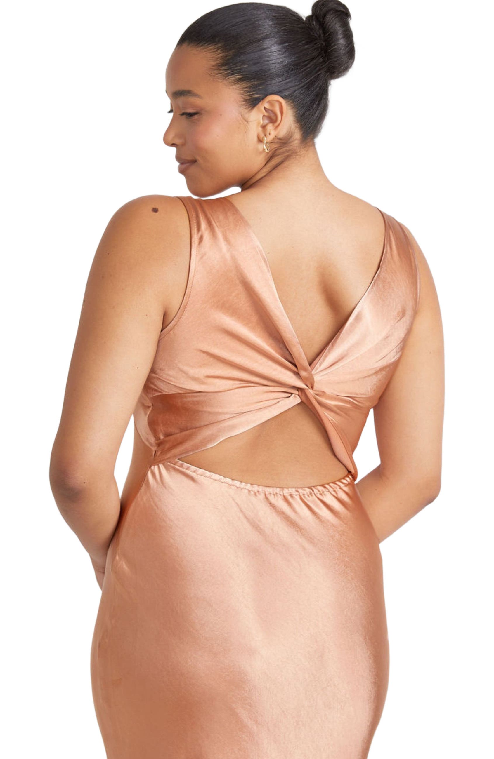 twist back bridesmaid dress Satin Style as the model