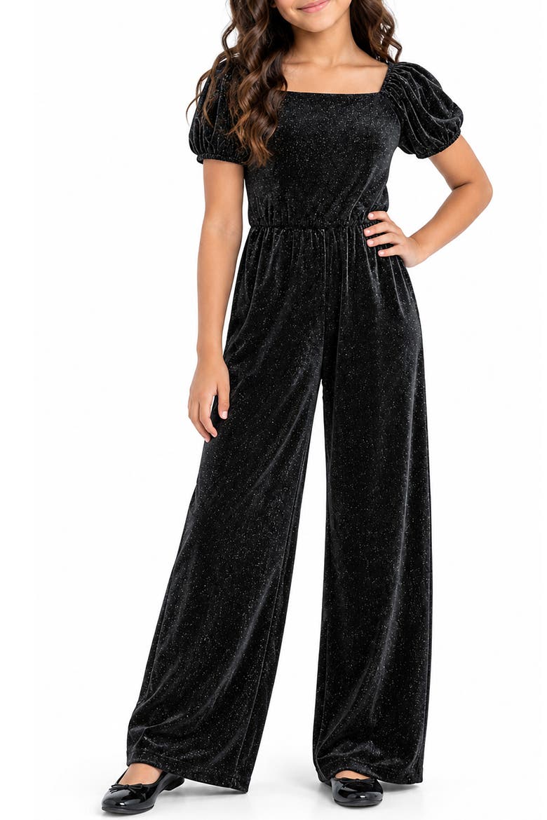 Kids' Glitter Velvet Puff Sleeve Jumpsuit, Alternate, color, BLACK