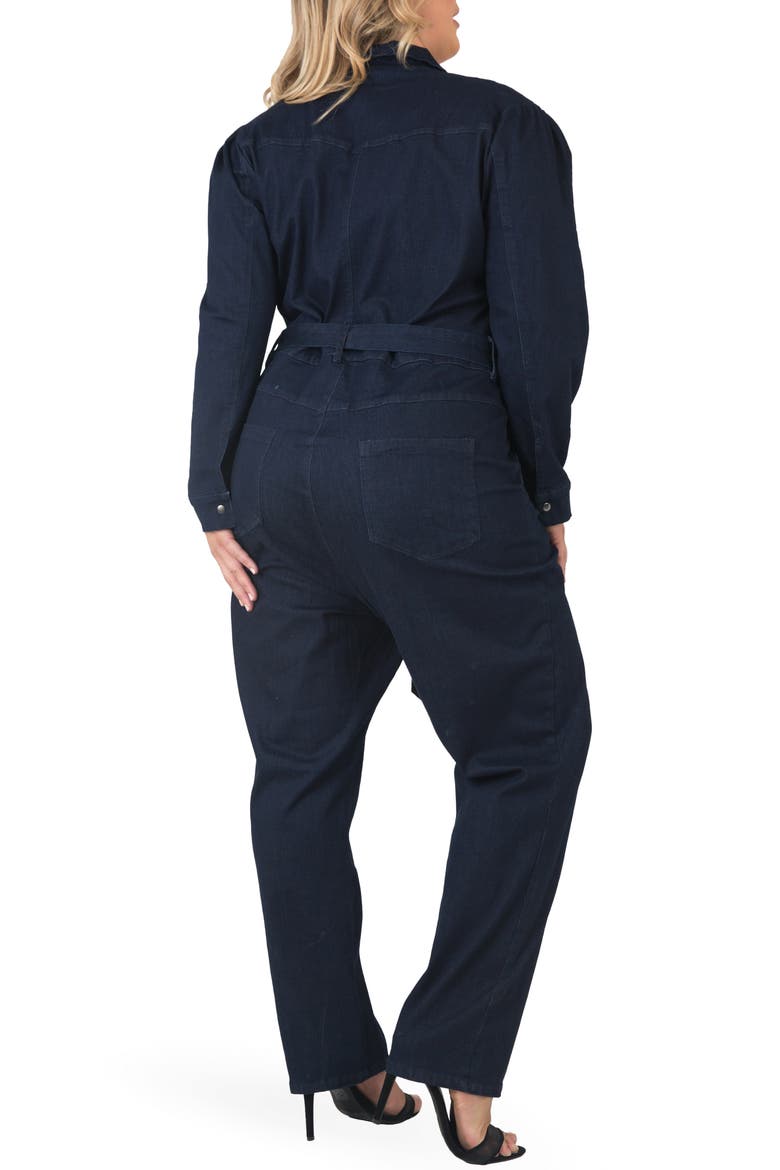 Janeen Belted Denim Boilersuit, Alternate, color, DARK HAND SAND WASH