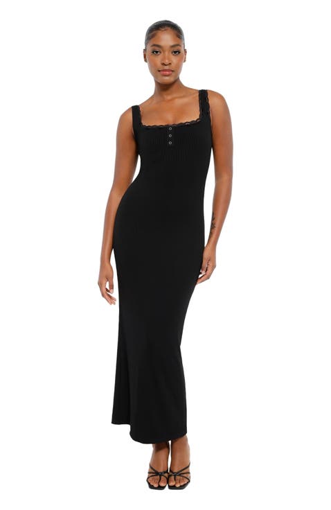 Shapewear Modal Slimming Lace Trim Henley Tank Maxi Dress