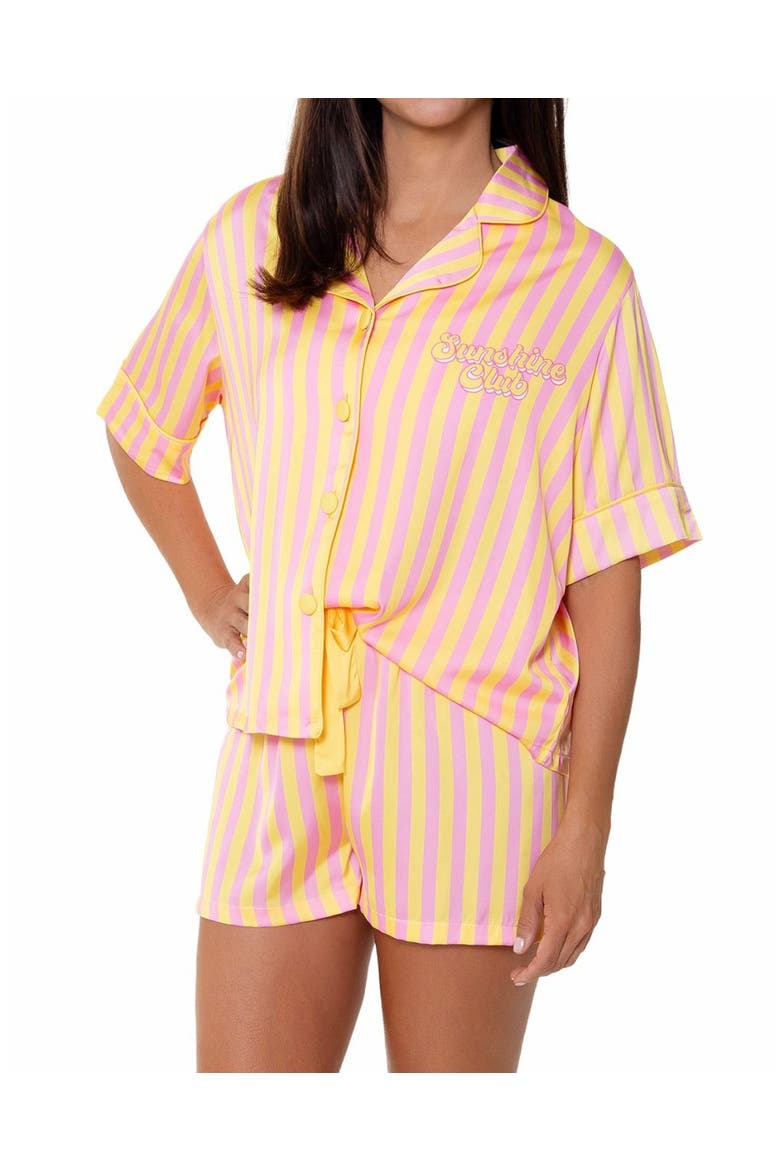 Sunshine Club Silky Short Sleeve Shorts Set, Main, color, Yellow Stripe