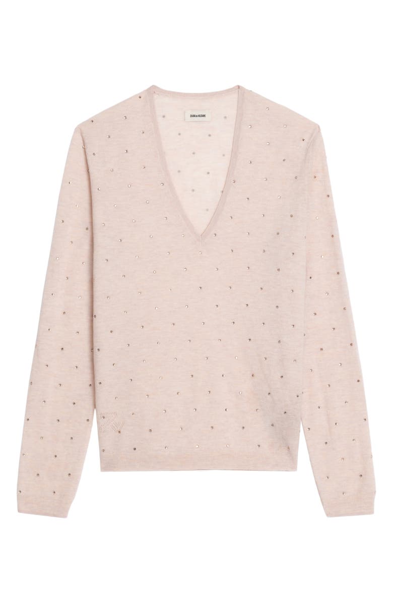 Zadig & Voltaire Rivy Rhinestone Emellished Cashmere V-Neck Sweater, Alternate, color, Pearly