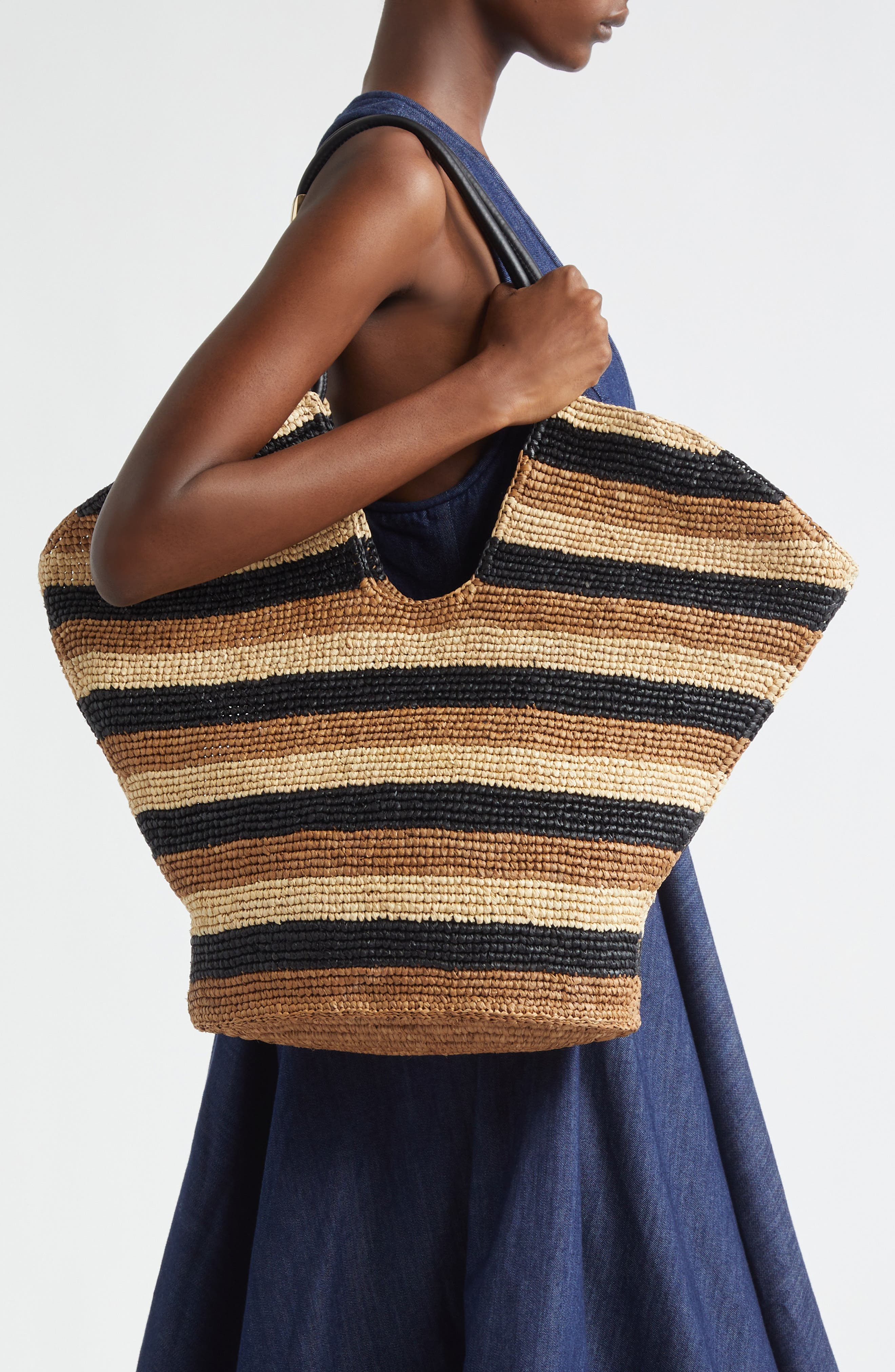 Zimmermann Large Goldentime Stripe Raffia Tote, Alternate, color, Black Stripes