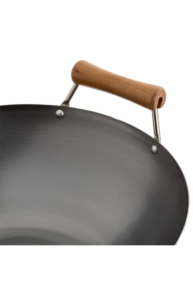 JOYCE CHEN Uncoated Carbon Steel Flat Bottom Wok Set with Lid and Birch Handles, 4 Pieces, Alternate, color, Metallic Silver