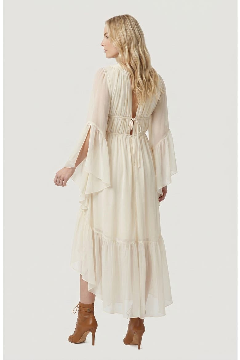 Plunging Neck Tie Waist Ruffle Sleeve Maxi Dress, Alternate, color, Beige