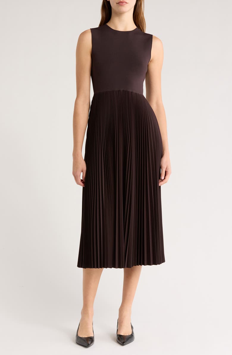 Theory Pleated Mixed Media Midi Dress, Main, color, Hickory