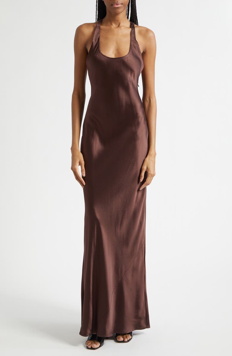 STAUD Juanita Racerback Satin Gown, Main, color, Earth
