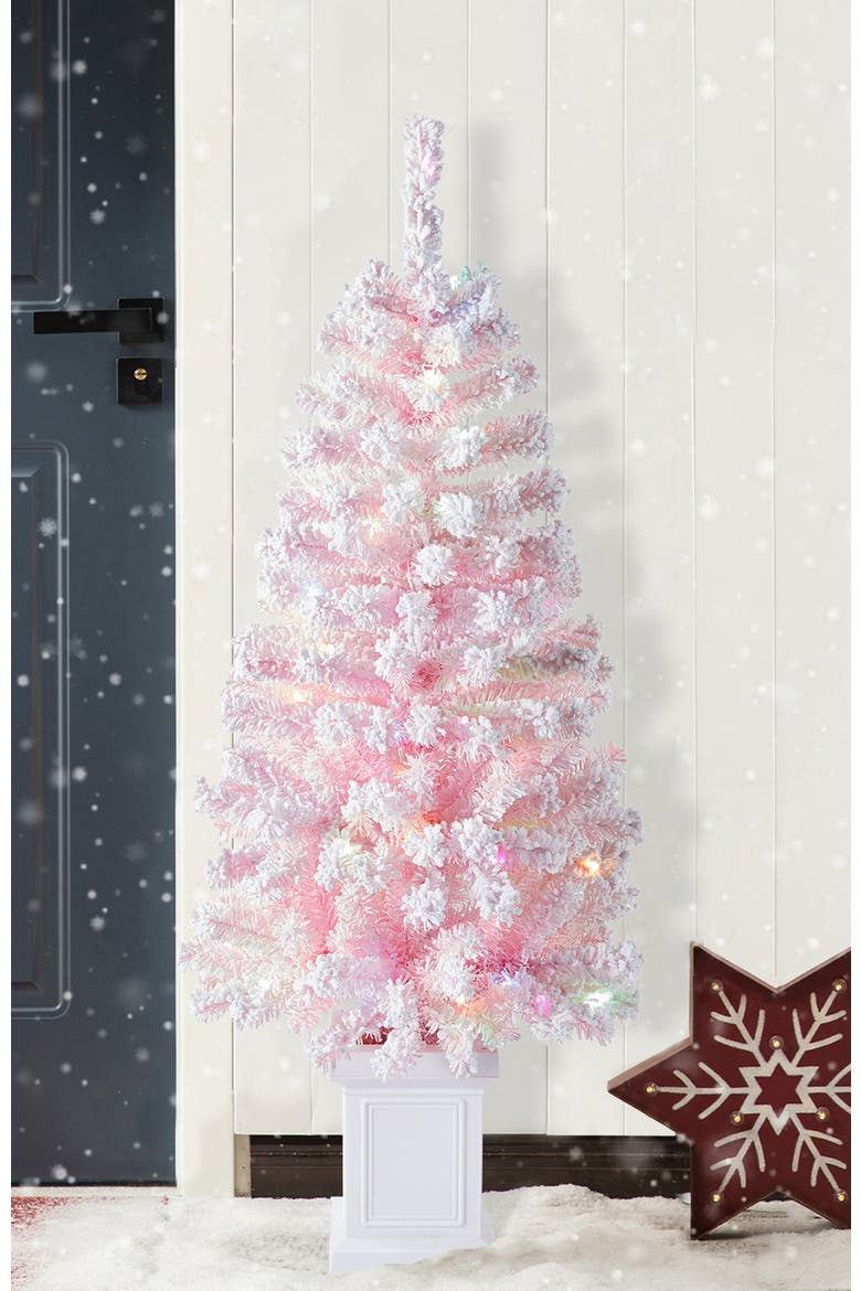 4ft Pre-Lit Flocked Pink Artificial Christmas Porch Tree with 100 LED Lights, Alternate, color, Pink