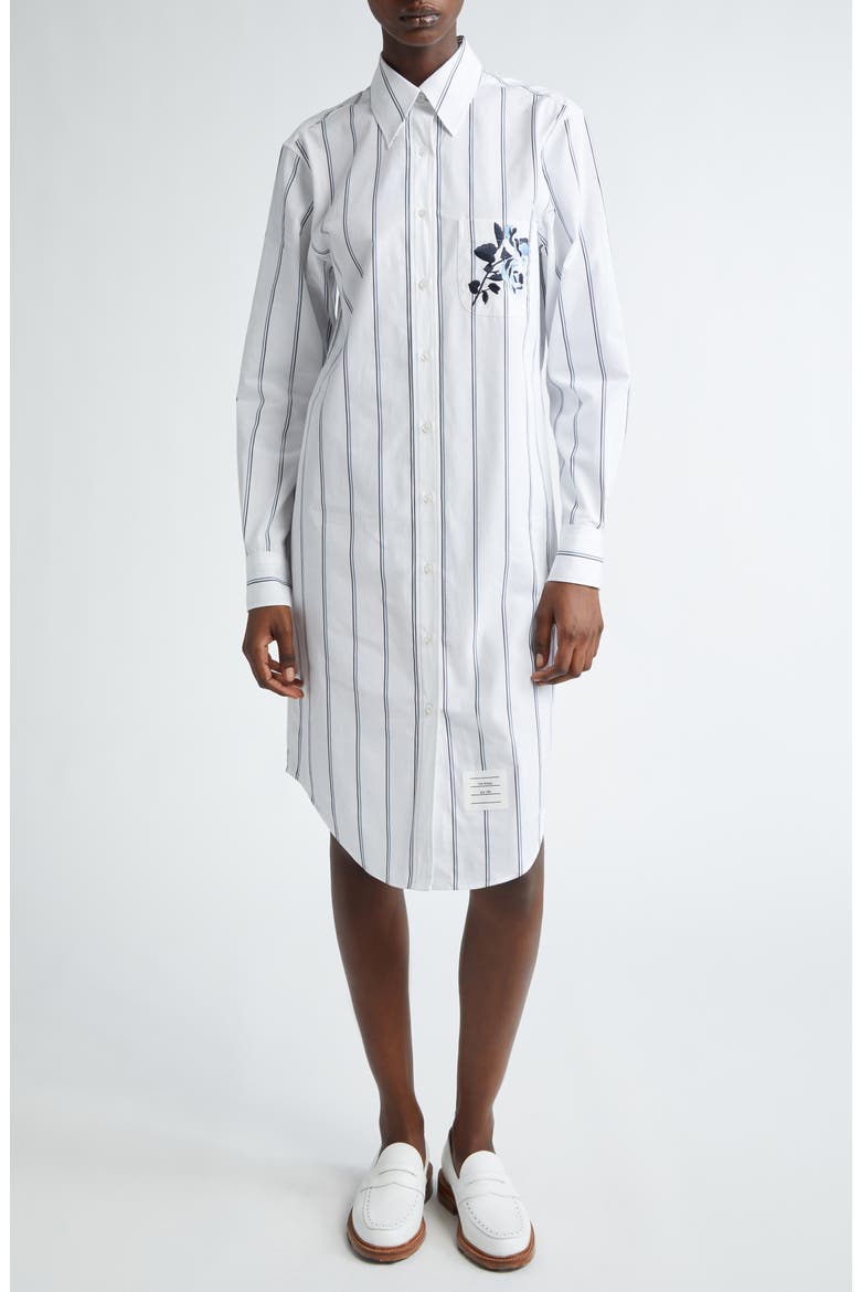 Floral Embroidered Stripe Long Sleeve Cotton Shirtdress, Main, color, WHITE