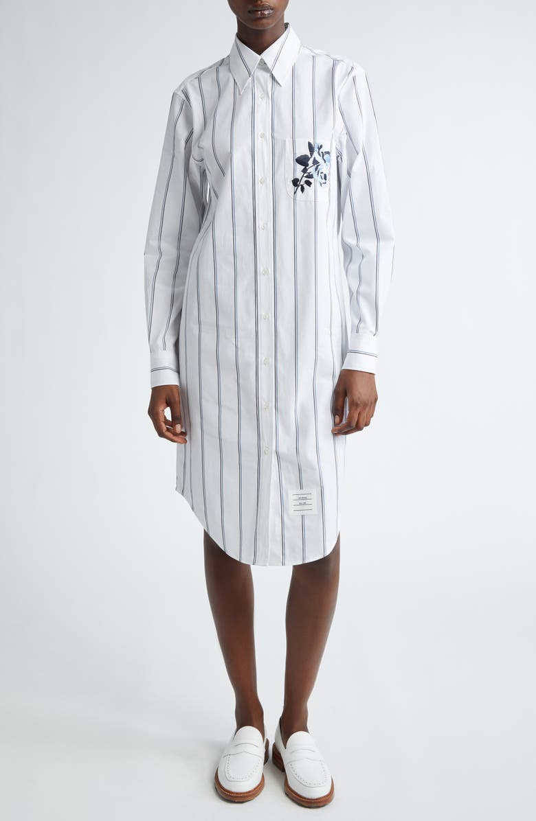 Thom Browne Floral Embroidered Stripe Long Sleeve Cotton Shirtdress, Main, color, 