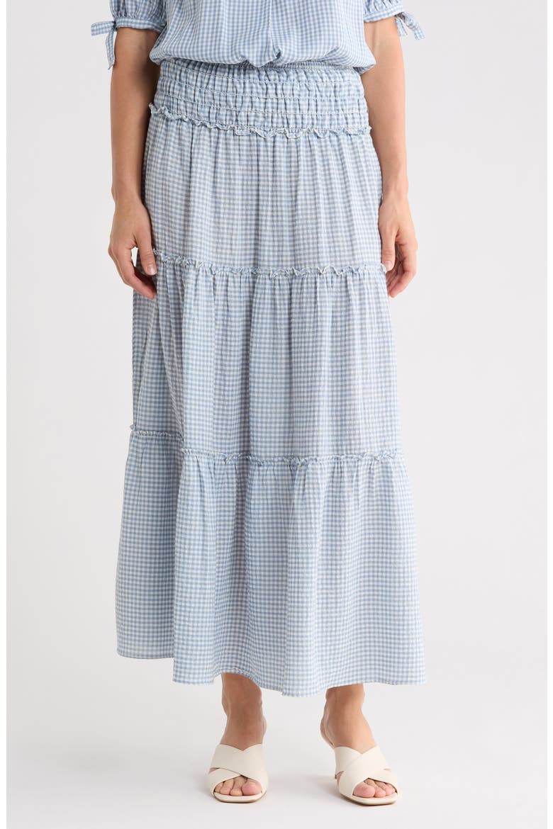 Gingham Tiered Skirt, Main, color, LIGHT BLUE/ CREAM