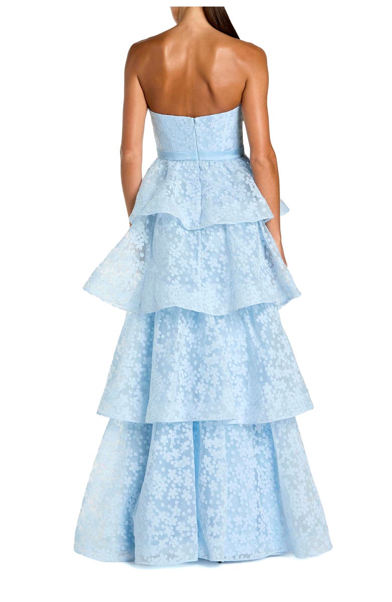 Mac Duggal Strapless Floral Organza Tiered Gown with Bow, Alternate, color, Powder Blue
