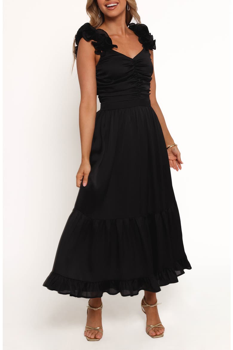 Inca Ruffle Strap Midi Dress, Main, color, BLACK