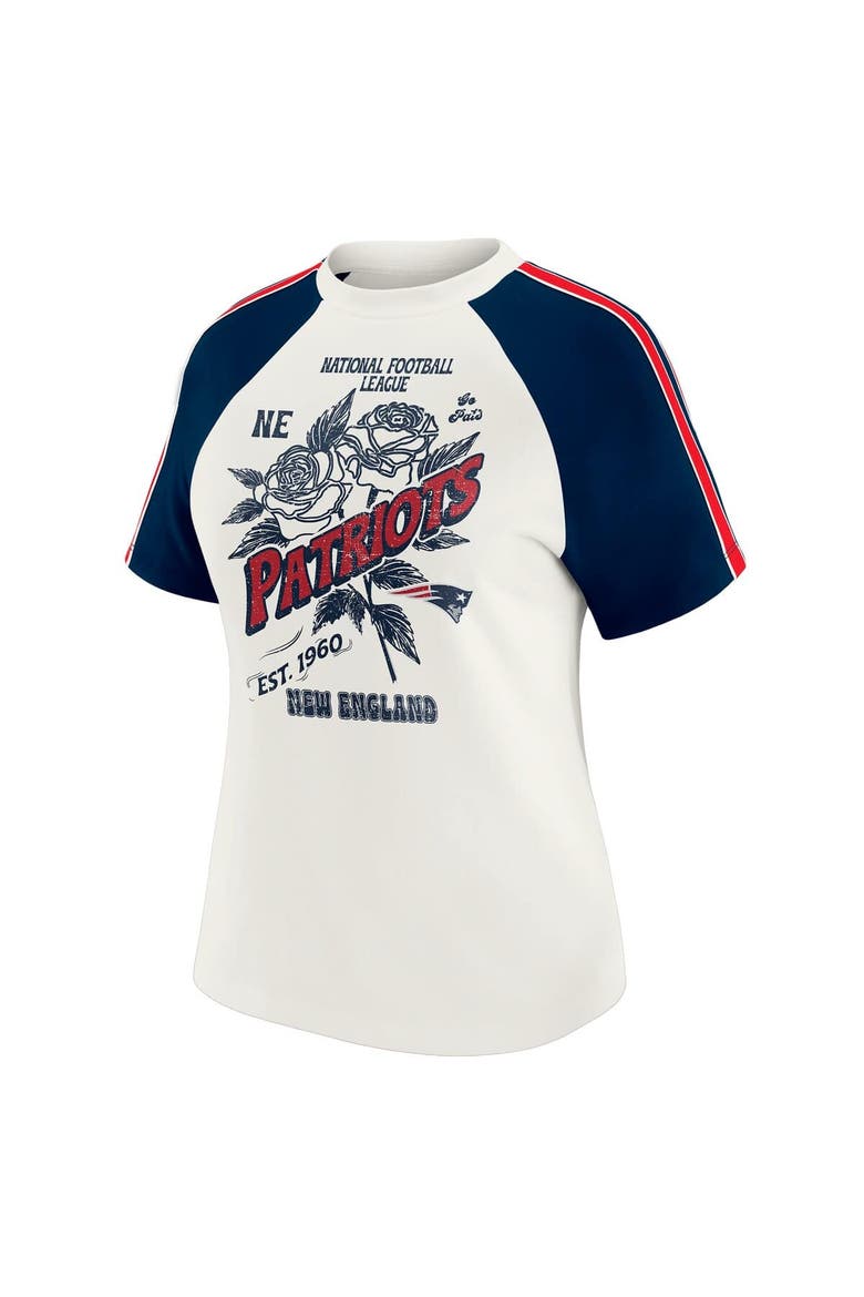 Women's WEAR by Erin Andrews White New England Patriots Sleeve Stripe Distressed Raglan T-Shirt, Alternate, color, White