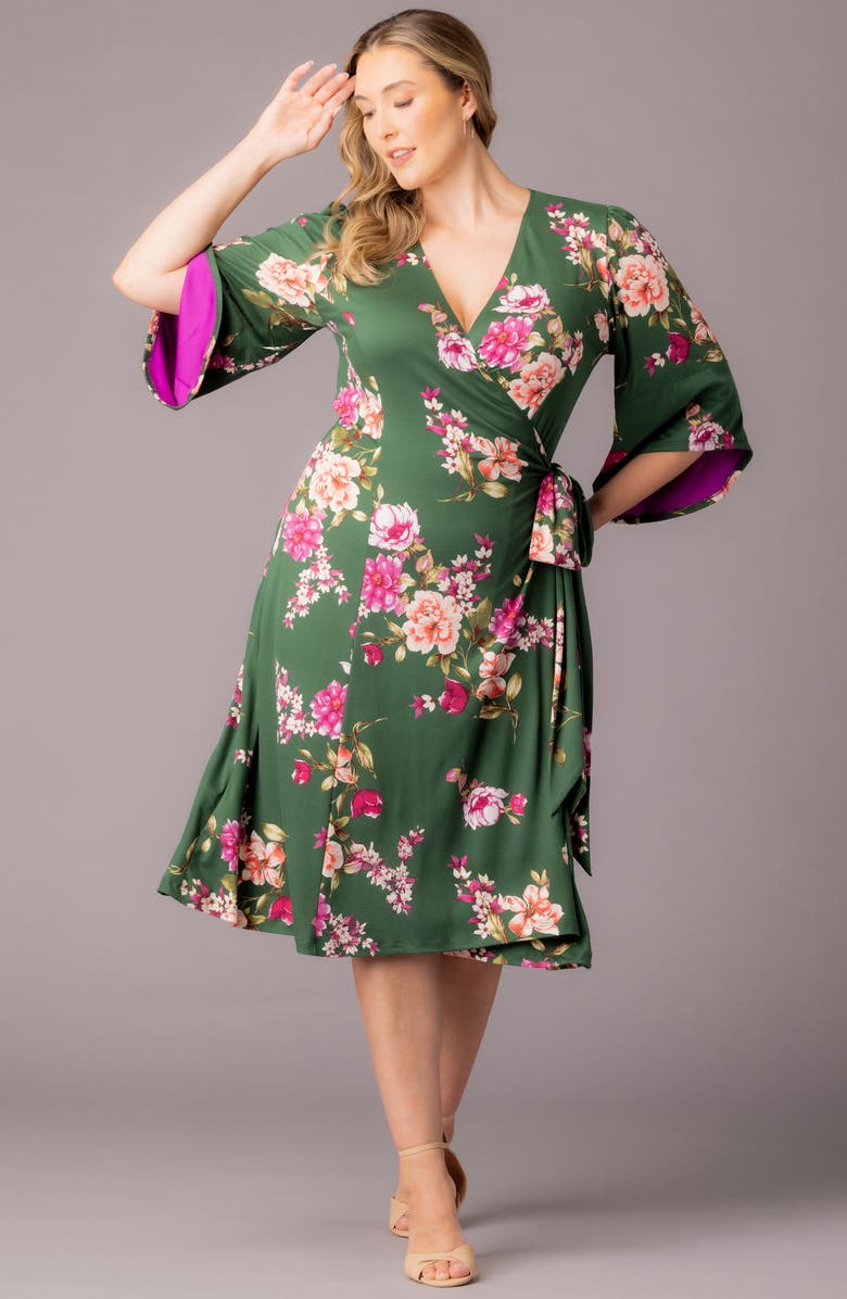 Kiyonna Gemini Floral Bell Sleeve Wrap Dress, Alternate, color, Green Floral Print