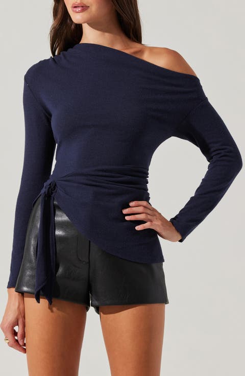 One-Shoulder Tie Hem Knit Top