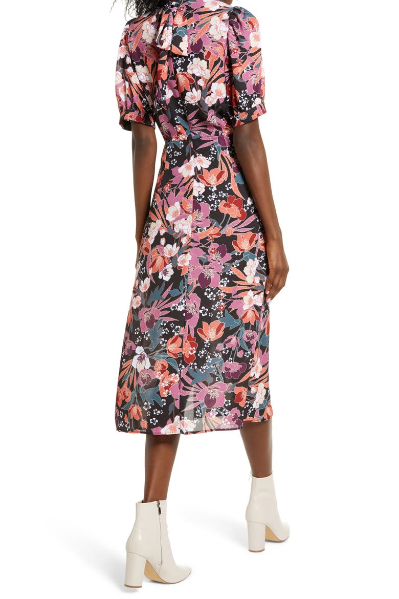 Floral Puff Sleeve Midi Dress, Alternate, color, BLACK/MULT